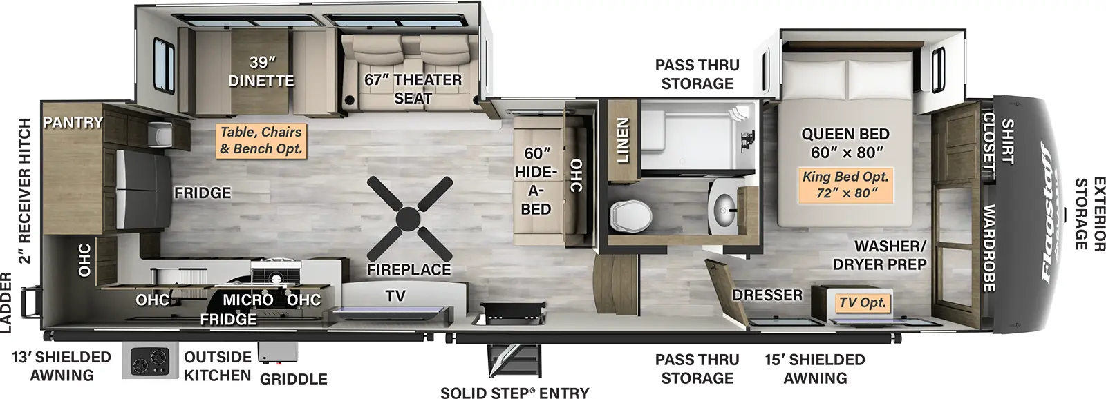 The 376RK has two slideouts and one entry. Exterior features front exterior storage, 13 foot shielded awning, 15 foot shielded awning, passthrough storage, solid step entry, outside kitchen with refrigerator and griddle, rear ladder, and 2 inch receiver hitch. Interior layout front to back: front wardrobe and shirt closet with washer/dryer prep, off-door side queen bed slideout (king bed optional), and door side dresser (TV optional); off-door side full bathroom with linen closet; steps down to main living area and entry; hide-a-bed sofa and overhead cabinet along inner wall; off-door side slideout with theater seat and dinette (table, chairs and bench optional), door side TV, fireplace, kitchen counter with cooktop, sink, overhead cabinet, microwave, wraps to rear with refrigerator and pantry.